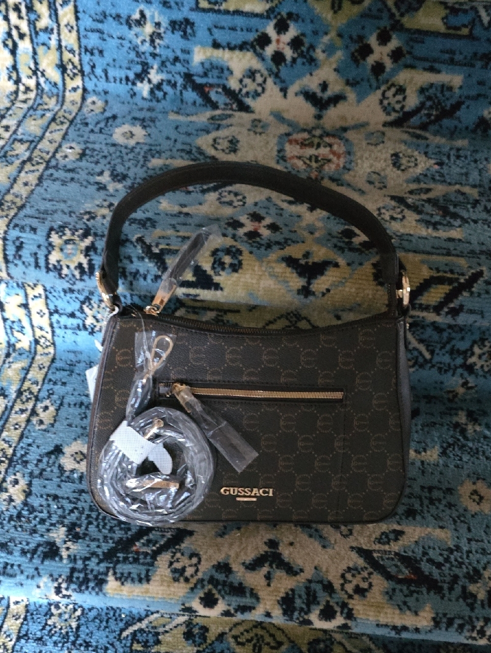 Gussaci Brown Monogram Shoulder Bag with Top Handle
